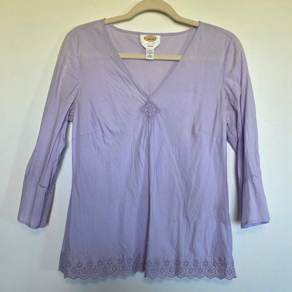 Talbots Lavender Eyelet Lace V-Neck Blouse Cottagecore Bell Sleeve Top Small